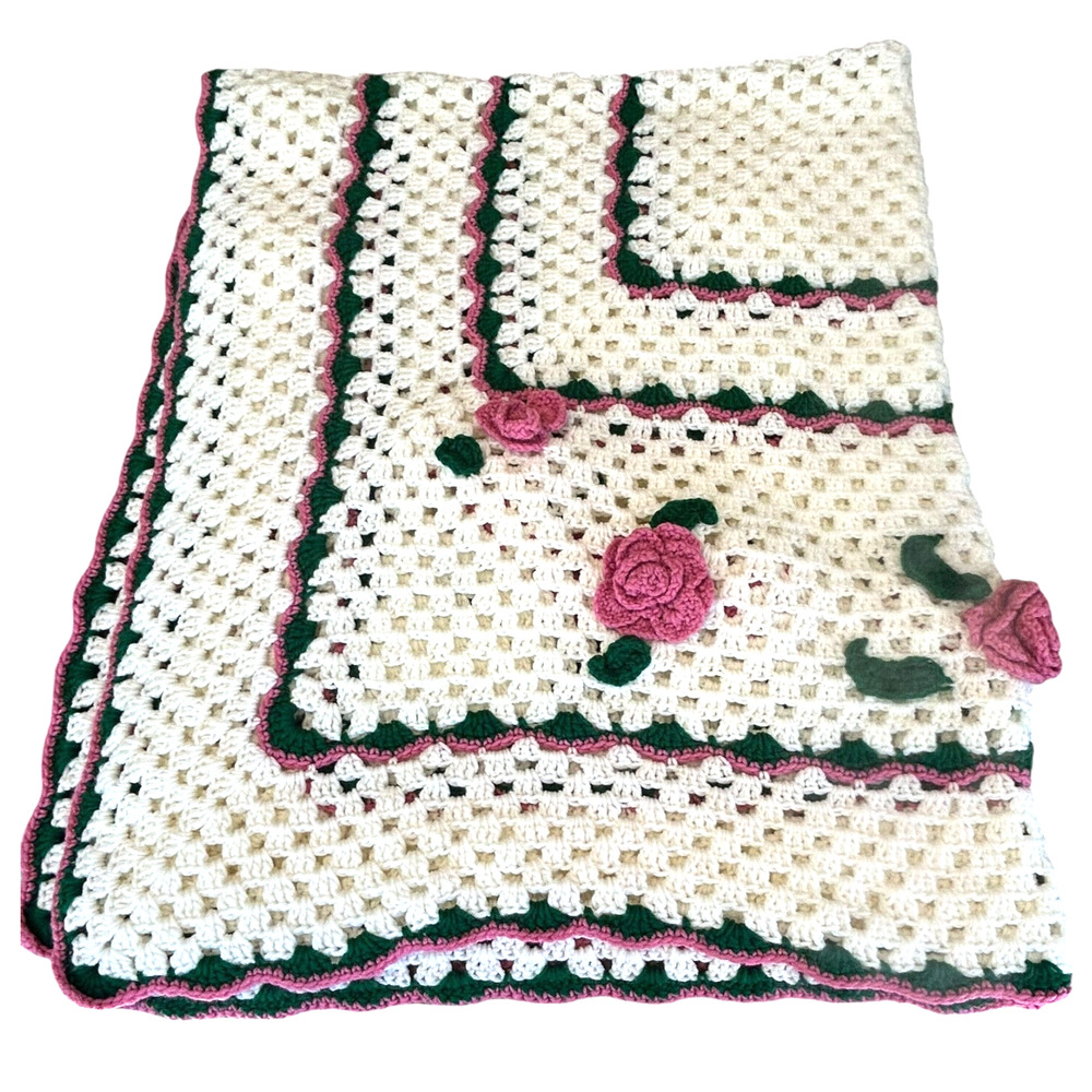 Vintage Handmade Crochet Open Weave Blanket 3D Flower Rose Cottagecore Fairycore
